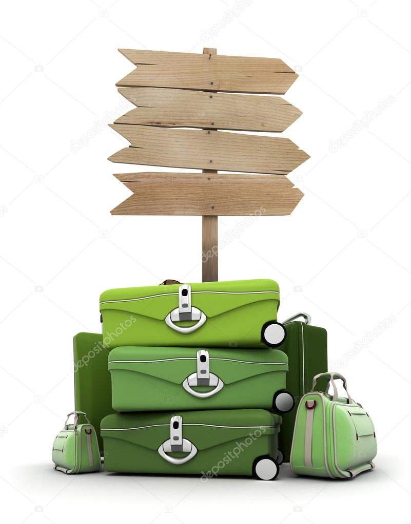 Baggage by wooden sign