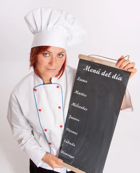 Šéfkuchař drží menu desky — Stock fotografie