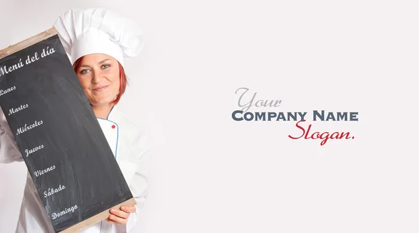 Veselý šéfkuchař drží menu desky — Stock fotografie
