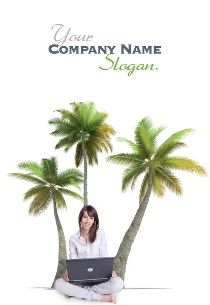 Girl, laptop and palm trees — Stock Photo, Image