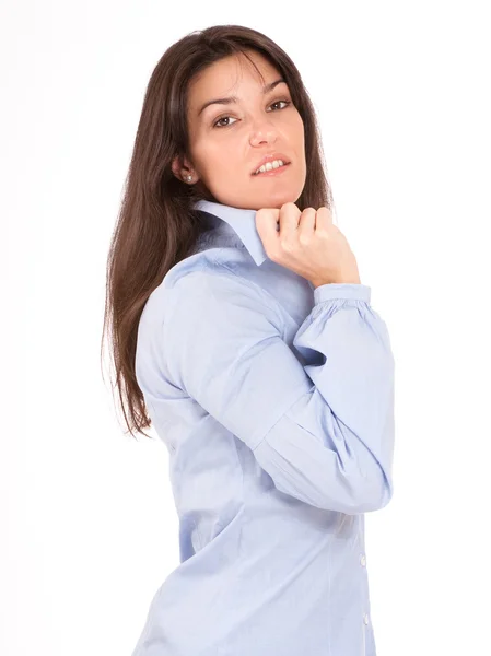 Brunetka v modré košili — Stock fotografie
