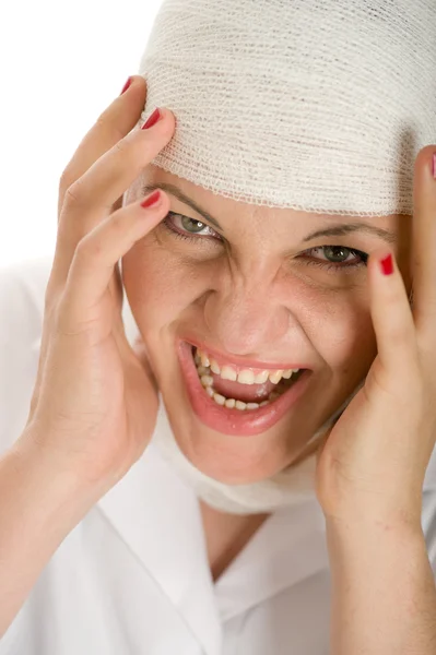 Shouting woman with bandaged head — Stock Photo, Image