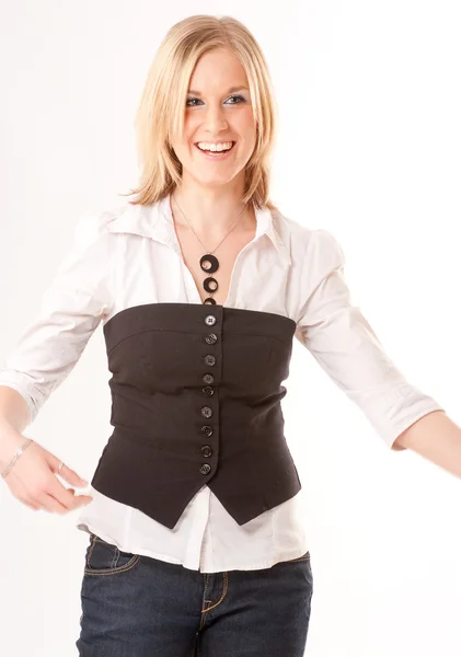 Laughing young woman with vest — Stock Photo, Image