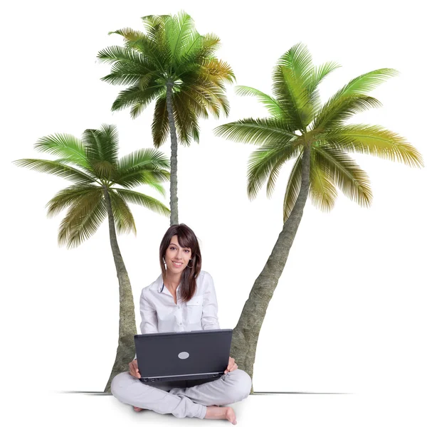 Girl, laptop and palm trees — Stock Photo, Image