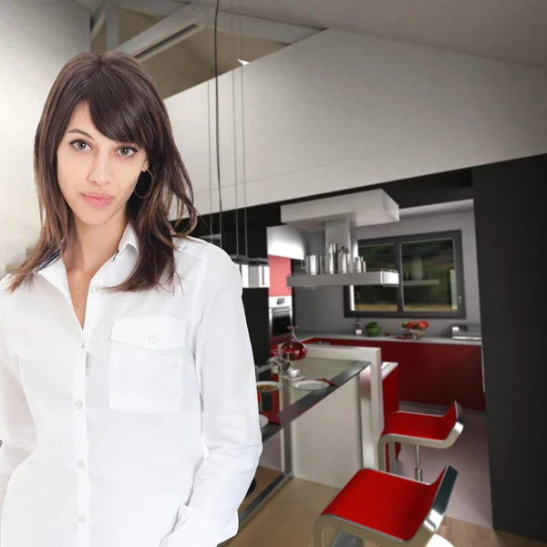 Mujer joven en cocina abierta — Foto de Stock