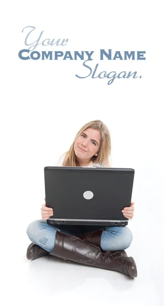 Sitting teenager with laptop — Stock Photo, Image