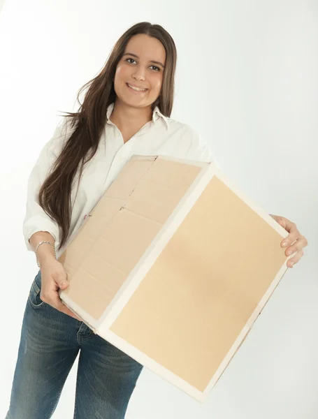 Woman holding cardboard box — Stock Photo, Image