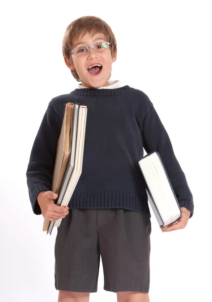 Šťastný školák s knihami — Stock fotografie