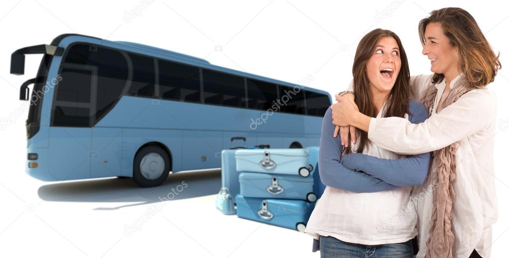 Teenage and mom on coach bus trip
