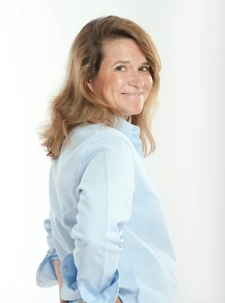 Smiling woman in blue shirt — Stock Photo, Image