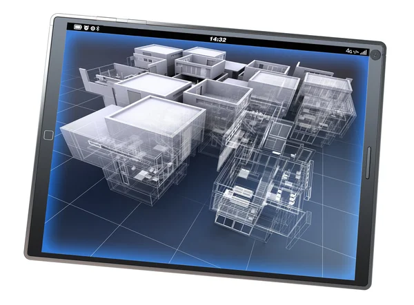 Tablet pc con un modello di architettura — Foto Stock