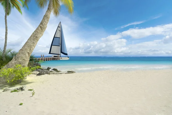 Tropisch strand en zeilboot — Stockfoto