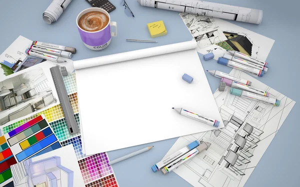 Designer desktop with an open blank — Stock Photo, Image