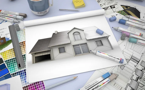 House house render, markers and color swatches — Stock Photo, Image