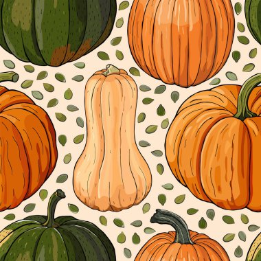 Turuncu ve yeşil balkabaklı sonbahar deseni. Kusursuz vektör illüstrasyonu. 