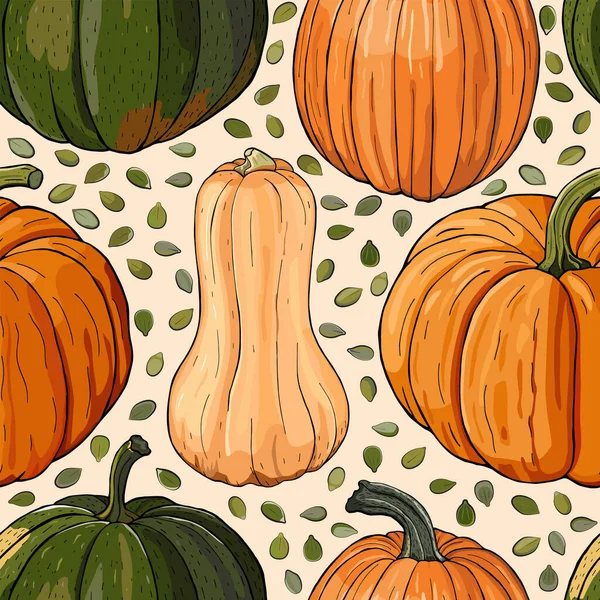 Autumn Pattern Orange Green Pumpkins Seamless Vector Illustration — Stock Vector