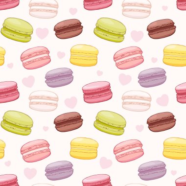 Renkli badem kurabiyeleri ve kalpleri olan hoş, pürüzsüz bir desen. Vektör illüstrasyon arkaplanı.