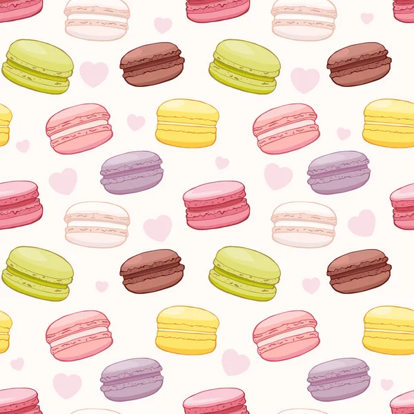 Padrão Sem Costura Bonito Com Macaroons Coloridos Corações Fundo Ilustração — Vetor de Stock