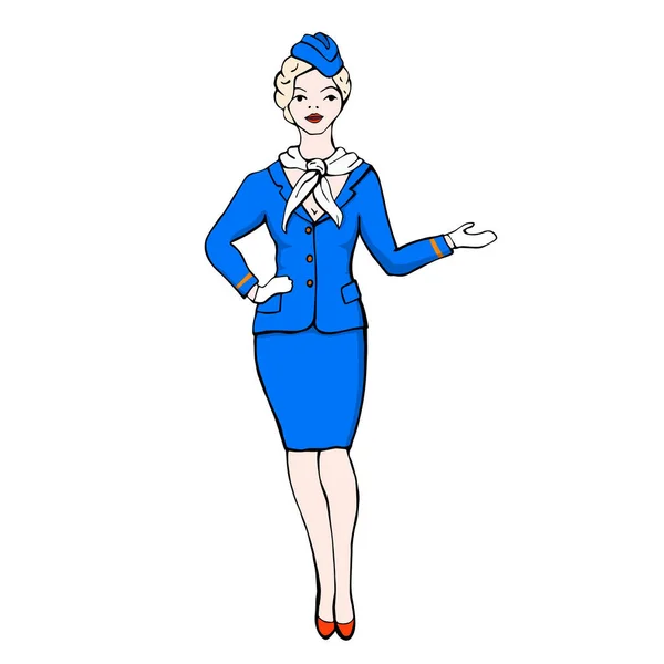 Stewardess Blauen Anzug Mit Einer Hand Vektor Illustration Isoliert Auf — Stockvektor