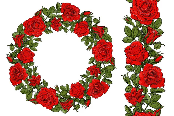 Nahtloser Pinsel Und Kranz Mit Roten Rosen Floral Vektor Illustration — Stockvektor