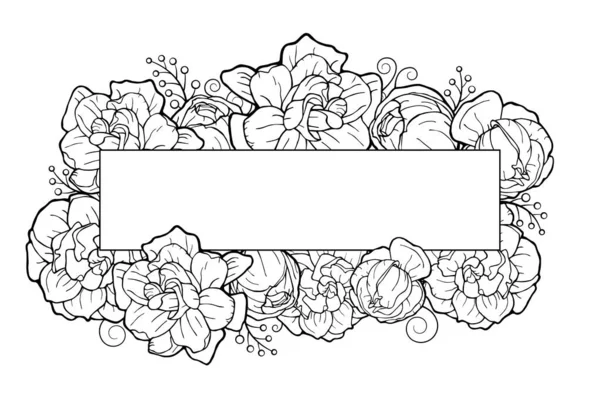 クチナシの花と手描き水平バナー 白と黒の線のグラフィックベクトルのイラストが白の背景に孤立 — ストックベクタ