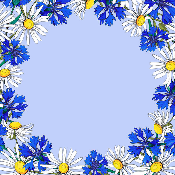 Квадратная рама с васильковыми и дамасскими цветами. Векторная иллюстрация на синем фоне.