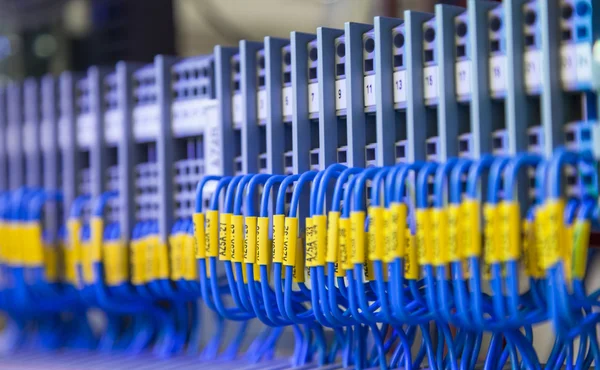 Bir teknoloji veri merkezinde ağ kabloları ve sunucular — Stok fotoğraf