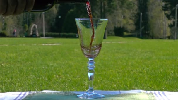 Κόκκινο κρασί χύνεται στο ποτήρι σε εξωτερικούς χώρους — Αρχείο Βίντεο