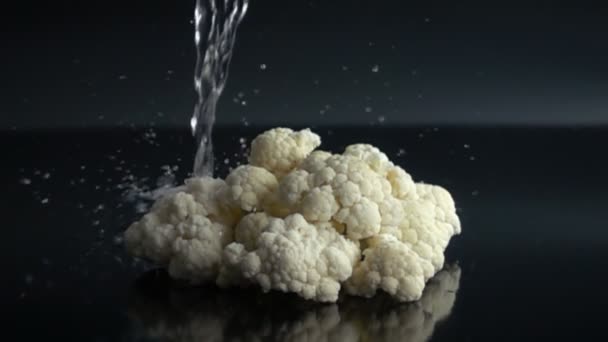 Pouring water on cauliflower in slow motion — Stock Video