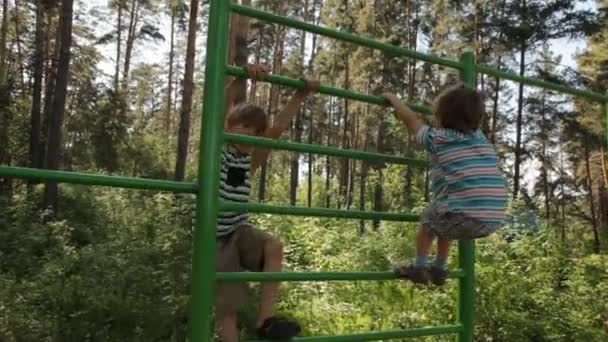 Garçons grimpant l'échelle à l'aire de jeux extérieure — Video