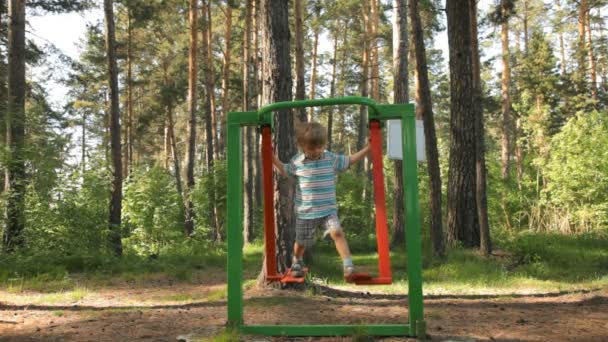 Little boy playing on gymnastic equipment in park — Stock Video