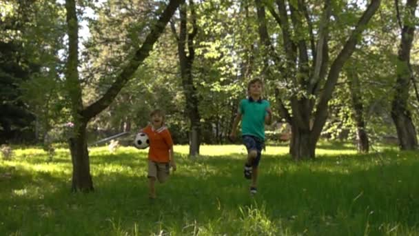 Dos chicos con pelota de fútbol corriendo sobre hierba — Vídeos de Stock