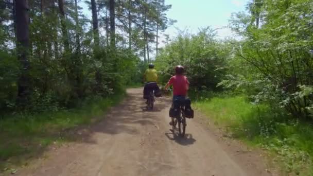 Bisikletçi Ormandan Sahile Gidiyor Sırt Çantalı Genç Motosikletçiler Pikoresk Bir — Stok video