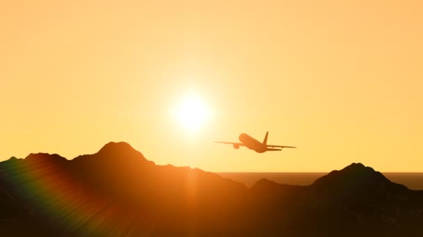 Plane takes off at sunset over the mountains — Stock Video