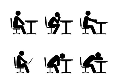 Piktogram işadamı ya da düşünme ve katmanlı bilgisayarda çalışma öğrenci.