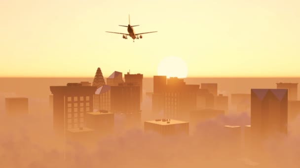 Aviones volando sobre edificios modernos en la ciudad al atardecer — Vídeos de Stock