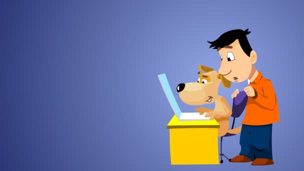 Man and dog buying a car on the internet site. — Stock Video