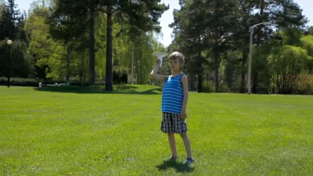 Niño feliz lanzando avión de papel en brillante día soleado en el campo — Vídeos de Stock