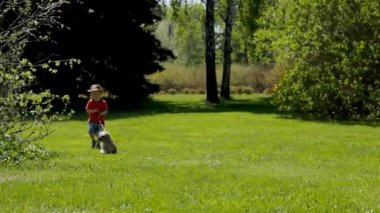 yeşil park Köpeğiyle yürüyen küçük çocuk çocuk