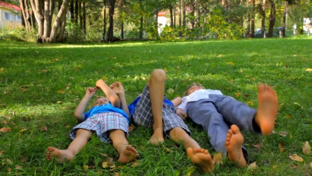 Three boys having fun on the grass — Stock Video