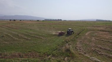 Traktör tarlada saman toplamak için balya makinesi kullanıyor. Haymaking. Traktör saman topluyor ve saman balyaları yapıyor. Samanlık yapma makinesi. Günbatımında Çiftlikte Çalışan Traktör.