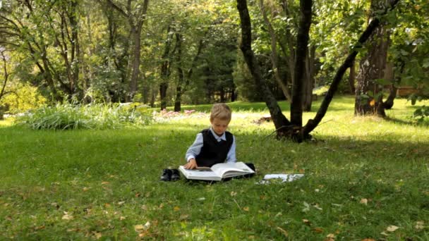 Schoolboy reading book in the park — Stock Video