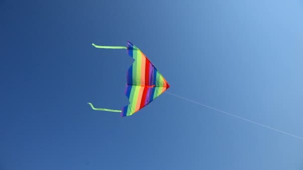 Bunt gestreifter Drachen fliegt in blauem Himmel — Stockvideo