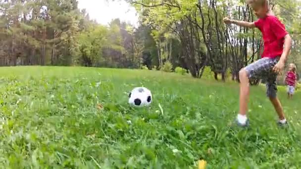 Niños sanos activos jugando al fútbol en el parque — Vídeos de Stock