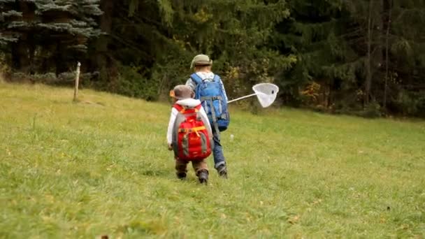İki çocuk ile sırt çantaları ormandaki hiking — Stok video