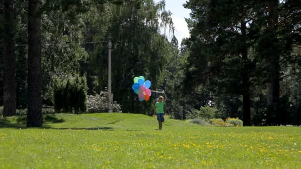 Menino feliz com balões andando no parque verde — Vídeo de Stock