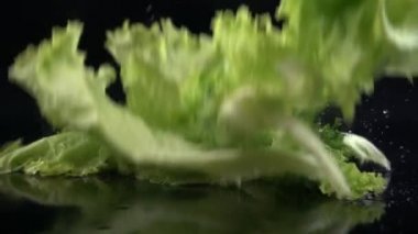 ağır çekimde siyah yüzey üzerinde ıslak marul yaprakları kalmaktadır