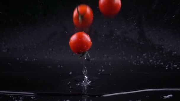 Tomates cherry con agua cayendo y salpicando, cámara lenta — Vídeo de stock