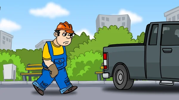 Tired builder goes to the car — Stock Photo, Image
