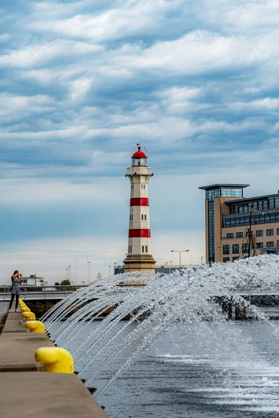Malmo Sweden August 2020 Lighthouse Harbour Entrance Stunning Dramatic Cloudy — Stock Photo, Image